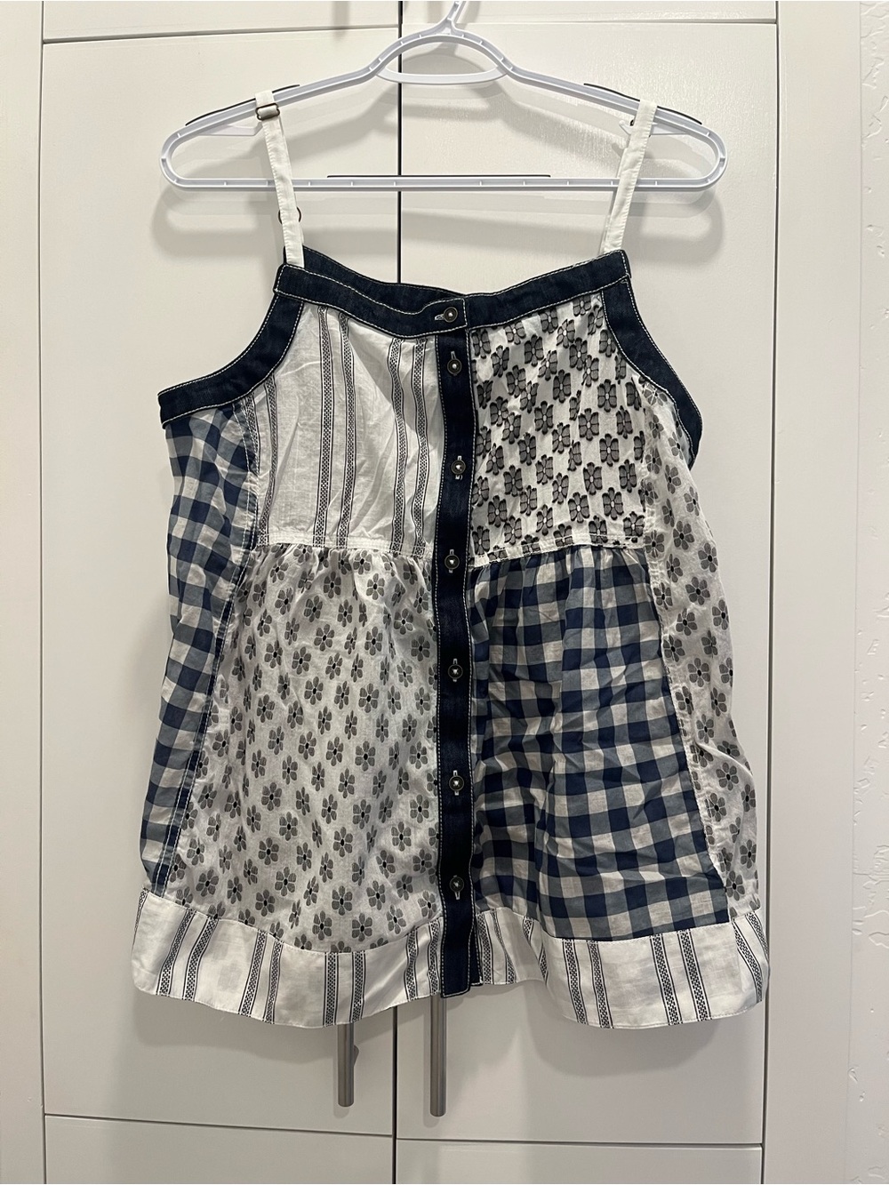 Pilcro Navy and White Patchwork Button-Front Tank
